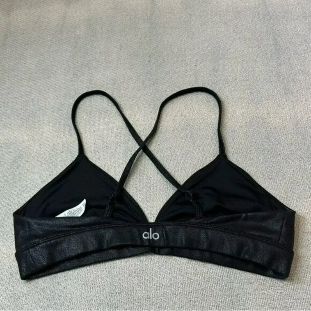 ALO Yoga Faux Leather Airbrush Splendor Sports Bra Black Size Medium Rare